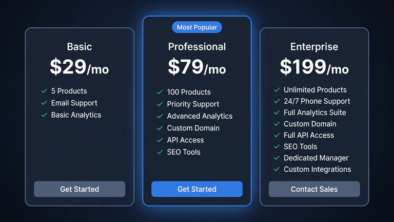Tiered pricing table with clear feature comparison