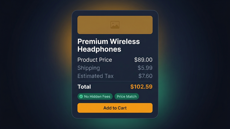 Product page showing transparent pricing with all fees visible