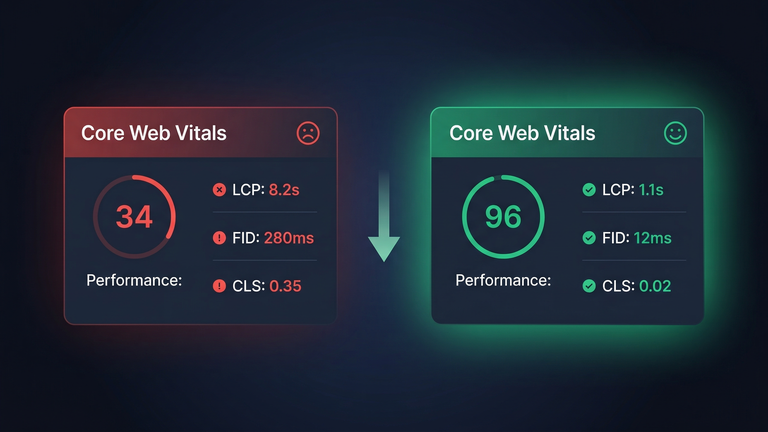 Page speed test results before and after optimization