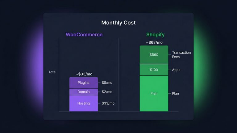 WooCommerce vs Shopify monthly cost comparison breakdown