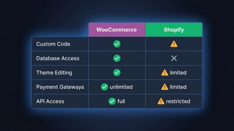 Platform flexibility comparison between WooCommerce and Shopify